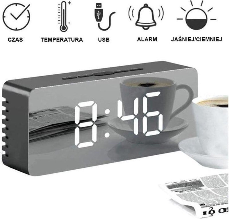 Alarm Clock with Mirror and Thermometer - Black