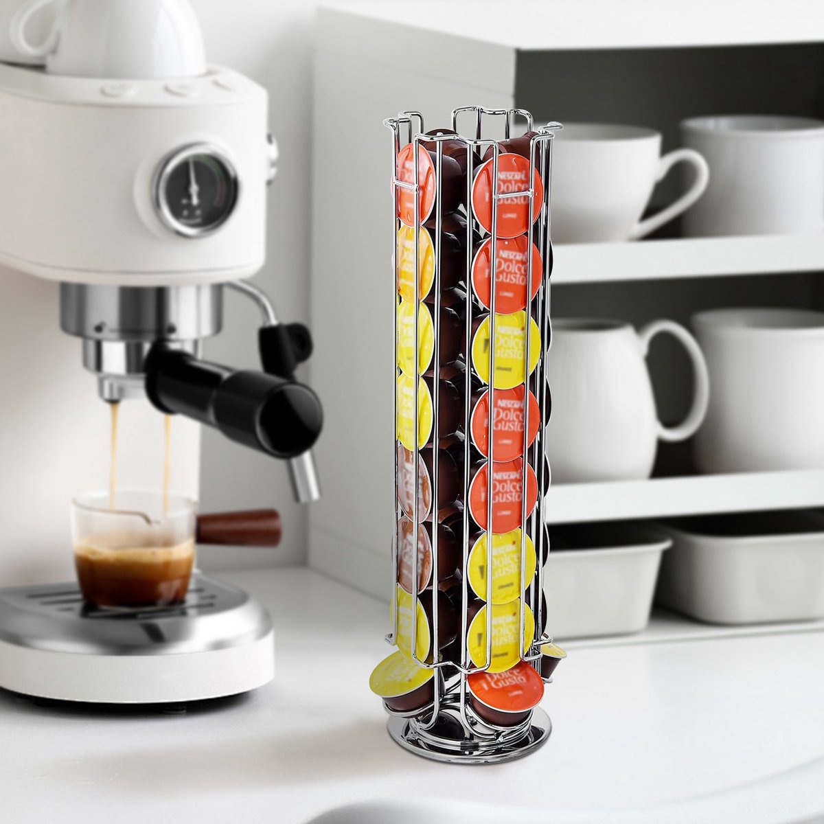 Cheffinger - Dispenser voor 32 Dolce Gusto Capsules Slanke Rotatieve Toren 360° van Metaal, Zilveren