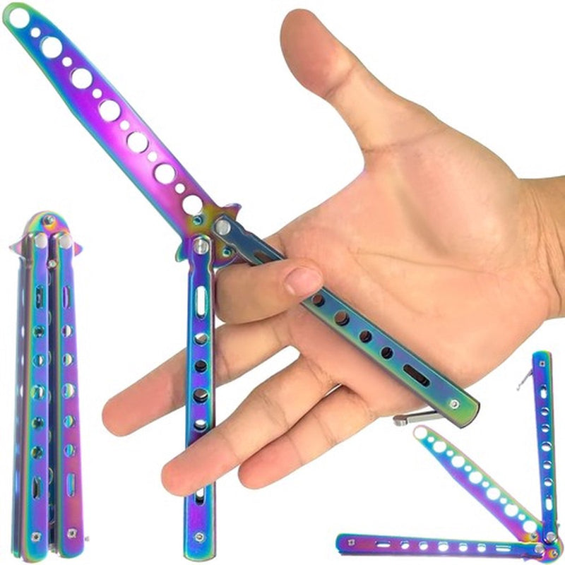 Vlindermes Trainer - Butterfly Knife Trainer - Bot - Onslijpbaar - Regenboog - Fidget Toy - RVS