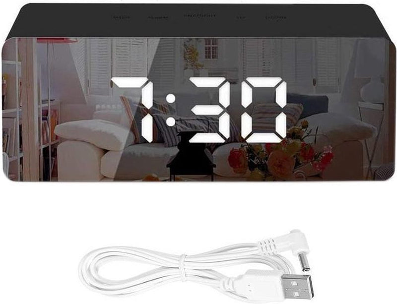 Alarm Clock with Mirror and Thermometer - Black