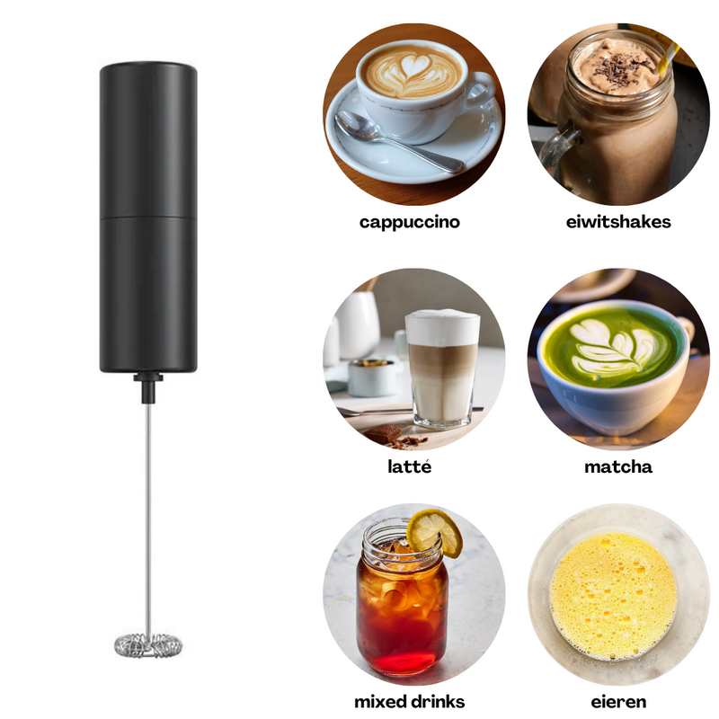 Elektrische Melkopschuimer - Melk Opschuimer Handmatig - Koffie Mini Mixer - Draadloos op Batterijen - Zonder Stekker - Cappuccino - Matcha - Frappé - Chocolademelk - Shakes - Zwart