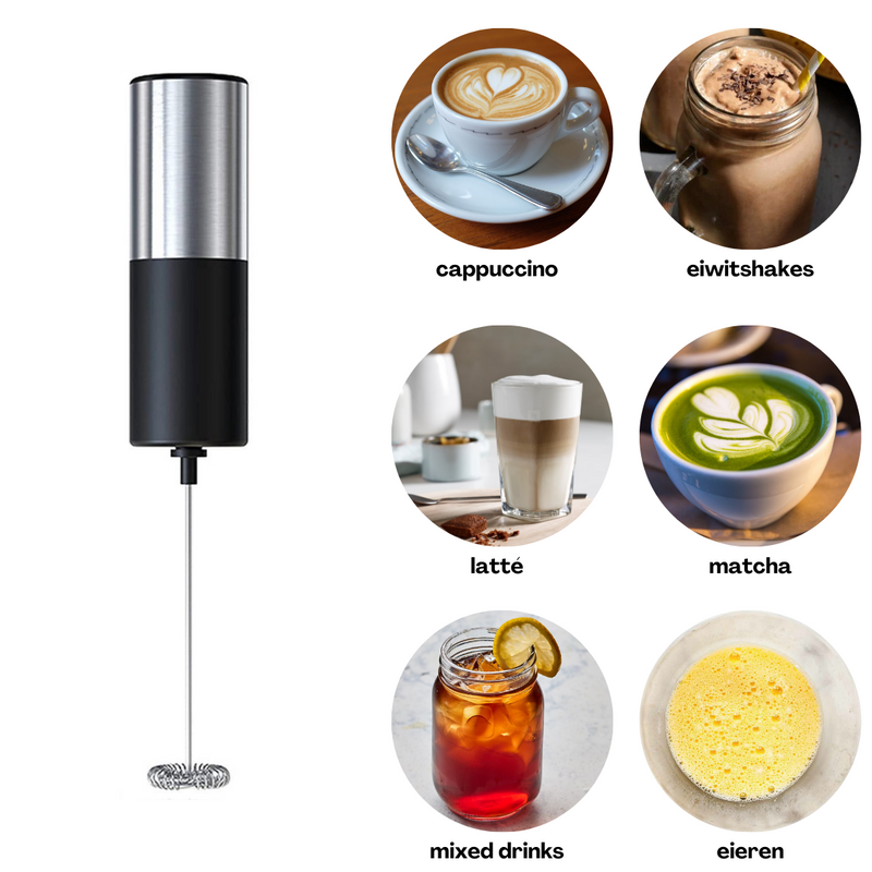 Elektrische Melkopschuimer - Melk Opschuimer Handmatig - Koffie Mini Mixer - Draadloos op Batterijen - Zonder Stekker - Cappuccino - Matcha - Frappé - Chocolademelk - Shakes - Zilver