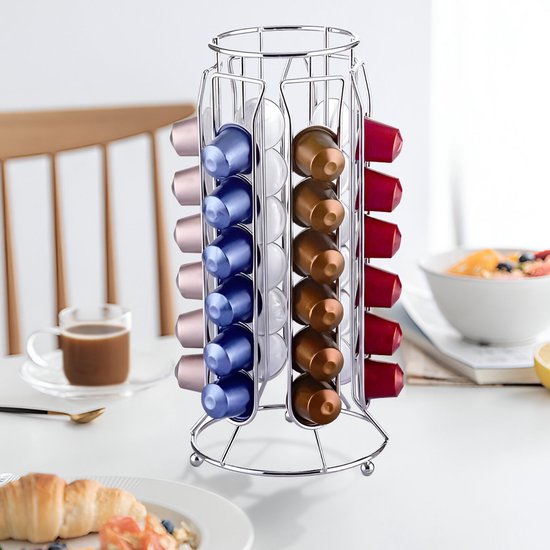 Cheffinger - Dispenser voor 36 Nespresso Capsules Slanke Toren van Metaal - Zilver