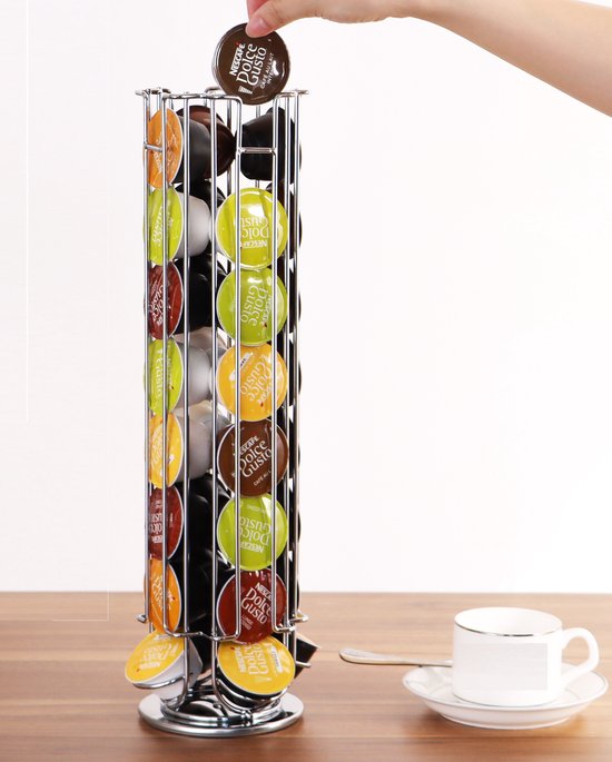 Cheffinger - Dispenser voor 32 Dolce Gusto Capsules Slanke Rotatieve Toren 360° van Metaal, Zilveren