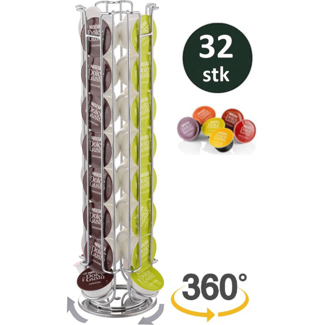 Cheffinger - Dispenser voor 32 Dolce Gusto Capsules Slanke Rotatieve Toren 360° van Metaal, Zilveren