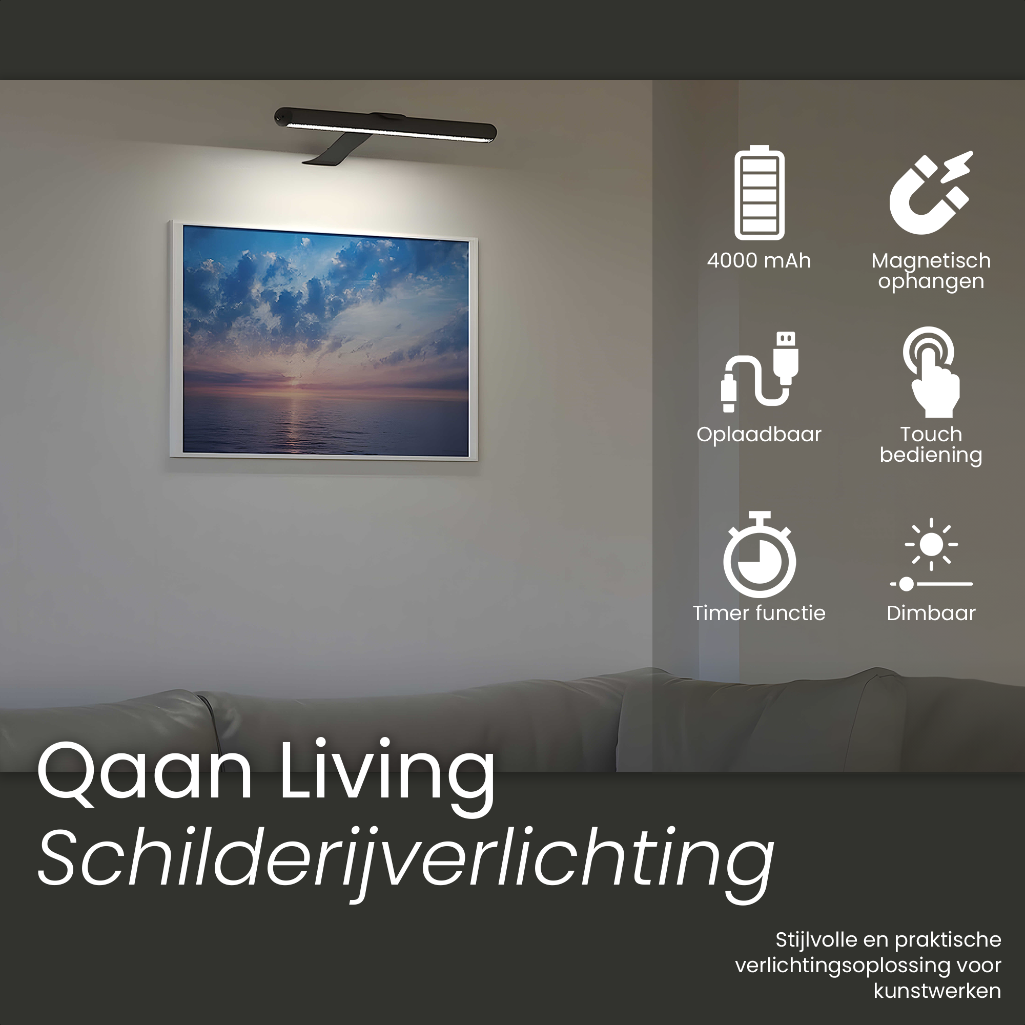 Oplaadbare Schilderijverlichting - Draadloze Wandlamp - Draadloze Schilderijverlichting Oplaadbaar - Touch en remote - Dimbaar LED 3000K/4000K/6500K - Oplaadbare Schilderijlamp Snoerloos - Sterke Accu Schilderijlamp